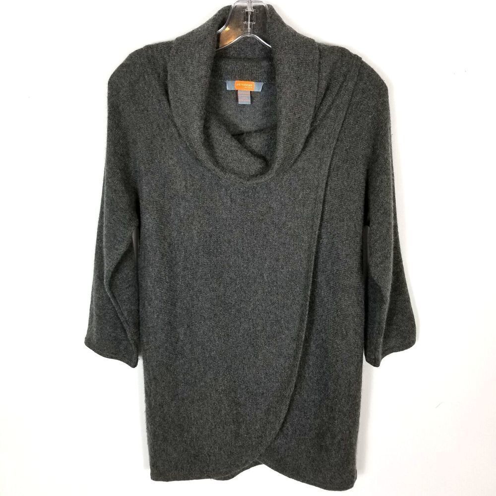 Just Cashmere by Forte Women Cowl Neck Sweater Size S Open Crossover Front Taupe